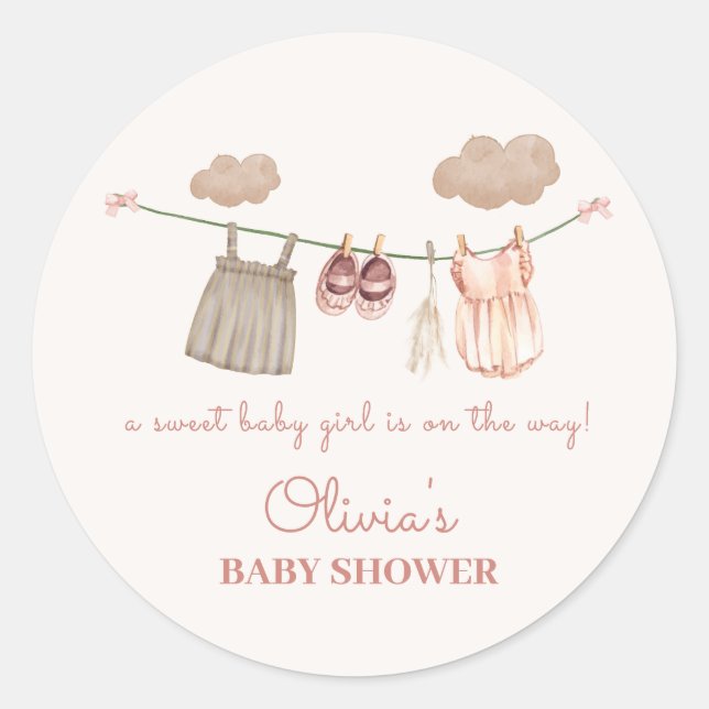 Minimal Neutral Pink Boho Baby Girl Clothes Shower Classic Round Sticker (Front)