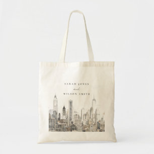 Minimal New York City Skyline Watercolor Wedding Tote Bag