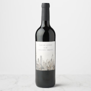 Minimal New York City Skyline Watercolor Wedding Wine Label