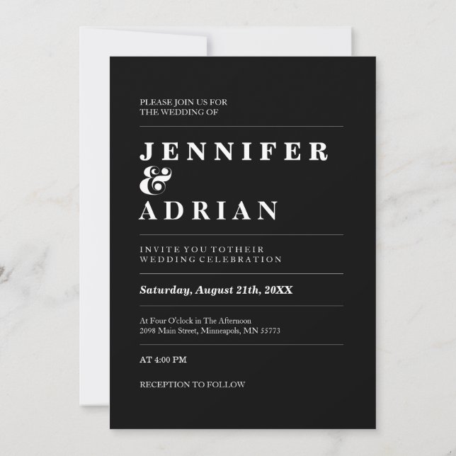 Minimal Noir Moderne Simple Mariage Invitations (Dos)