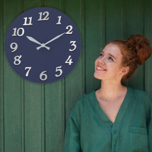 Minimal Numbers Grey Grey Elegant Blue Navy Large Clock