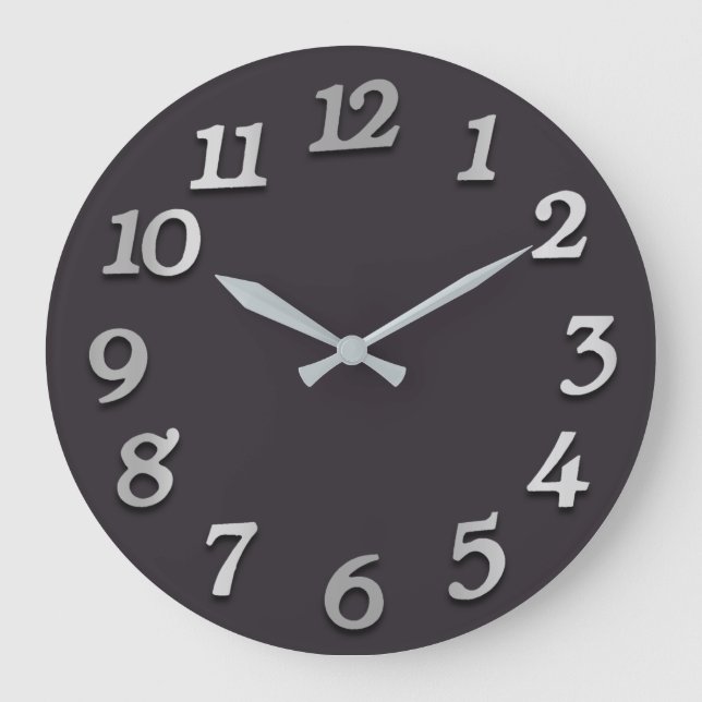 Minimal Numbers Grey Silver Grey Metal 3D Graphite Large Clock (Front)