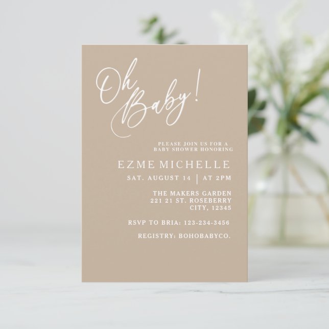 Minimal Oh Baby, neutral baby shower invitation (Standing Front)