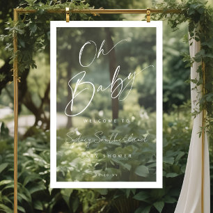 Minimal Oh Baby White Brush Script Baby Shower Acrylic Sign