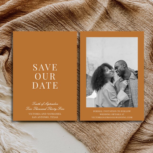 Minimal Old Money Copper Light Brown Photo Wedding Save The Date (Creator Uploaded)