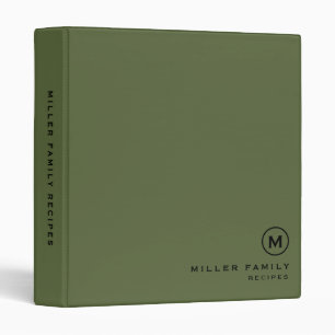 Minimal Olive Black Family Monogram Recipe Binder