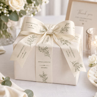 Minimal Olive Branch Wedding Custom Names and Date Grosgrain Ribbon