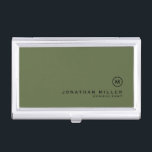 Minimal Olive Classic Monogram Business Card Holder<br><div class="desc">Minimalist monogram design with classic block monogram medallion in a classic font with personalized name and title below on a simple olive gren background. Personalize for your custom use.</div>