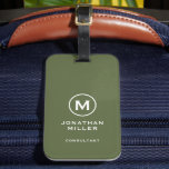 Minimal Olive Classic Typographic Monogram Luggage Tag<br><div class="desc">A professional vertical design in modern style with a olive green and white monogram emblem with large classic block typography initial monogram with name and title below. The text can easily be customized using the fields provided.</div>
