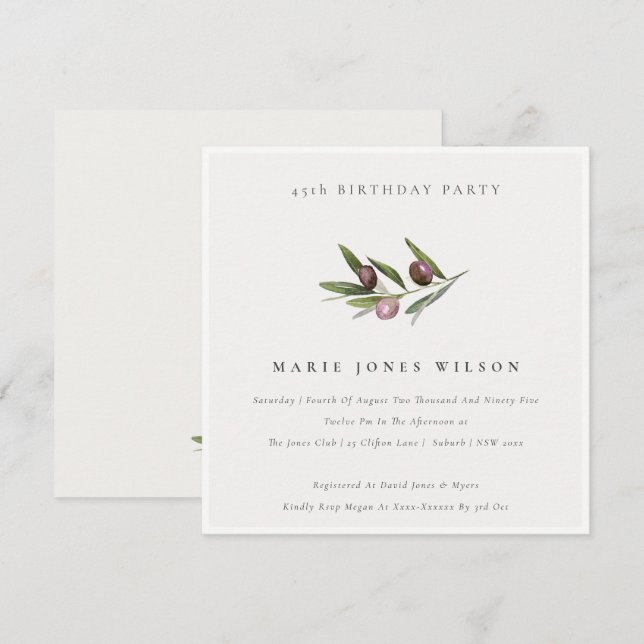 Minimal Olive Foliage Any Age Birthday Invite (Front/Back)
