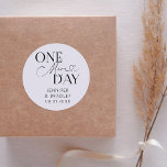 Minimal One More Day Wedding Rehearsal White Classic Round Sticker<br><div class="desc">Minimalist wedding rehearsal dinner favour sticker featuring typography text that says "one more day." The background is white.</div>