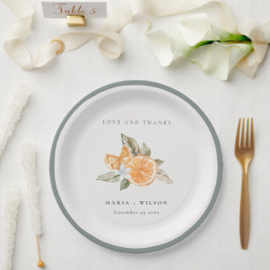 Minimal Orange Botanical Boho Love Thanks Wedding Paper Plate