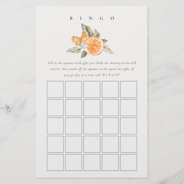 Minimal Orange Botanical Bridal Shower Bingo Game (Front)