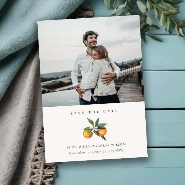 Minimal Orange Botanical Photo Save The Date Card (Creator Uploaded)