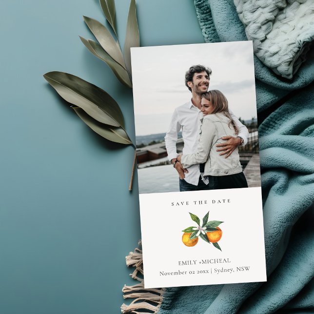 Minimal Orange Botanical Photo Save The Date Card (Creator Uploaded)