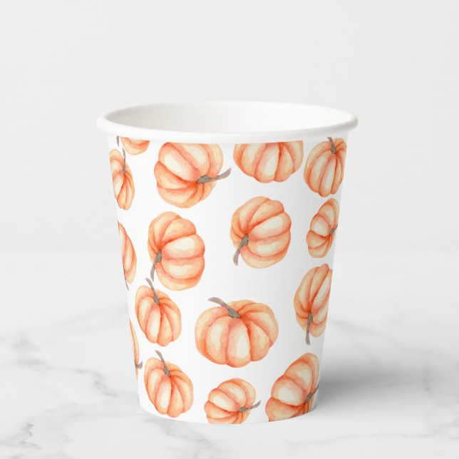 Minimal Orange Pumpkin Watercolor Halloween Fall  Paper Cups (Front)