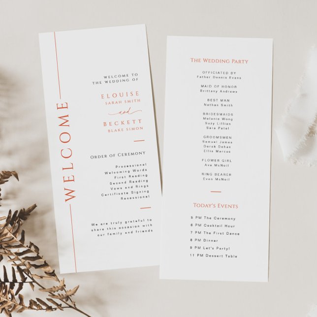 Minimal Orange Typography Wedding Program Card (Creator Uploaded)