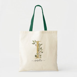 Minimal Organic Greenery Gold Monogram Letter "I" Tote Bag