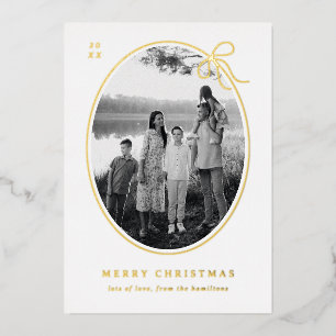 Minimal Oval Shaped Photo With Foiled Tie Bow Foil Holiday Card
