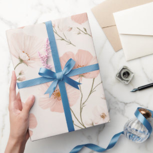 Minimal Pale Pink Flower White Floral Pattern Wrapping Paper