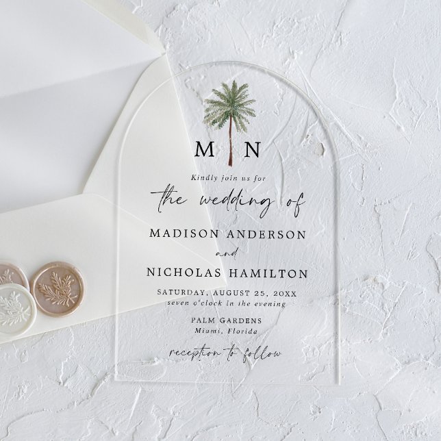 Minimal Palm Tree Monogram Wedding Acrylic Invitations (Creator Uploaded)