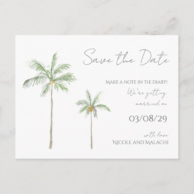 Minimal Palm Tree Save The Date Postcard (Front)