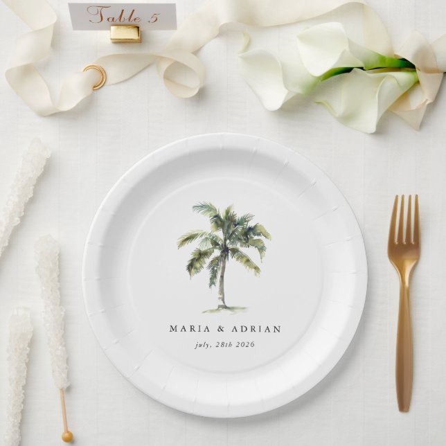 Minimal Palm Tree Tropical Beach Wedding Paper Plate (Wedding)