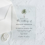 Minimal Palm Tree Wedding Acrylic Invitations<br><div class="desc">Tropical wedding invitations featuring a single palm tree illustration at the top of the invite with a frosted or transparent acrylic background. Personalize the palm tree wedding invites with your names and wedding details in black lettering with a modern hand-lettered script accenting the design. Designed to coordinate with our Minimal...</div>