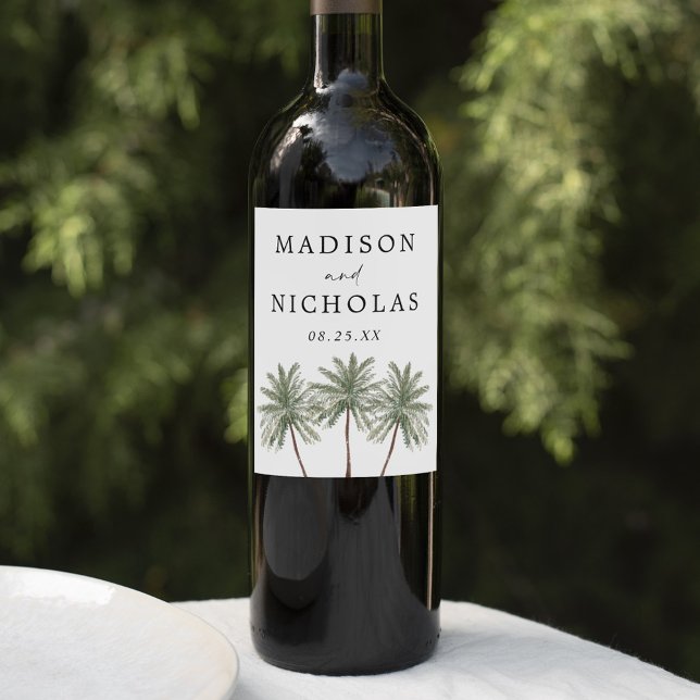 Minimal Palm Trees Personalized Wedding Wine Label (Creator Uploaded)