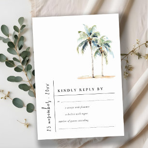Minimal Palm Trees Tropical watercolor Wedding RSVP Card