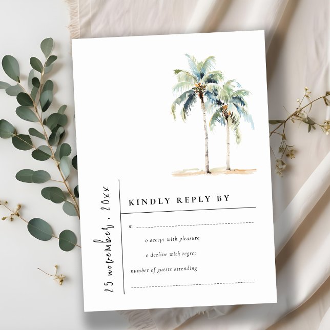 Minimal Palm Trees Tropical watercolor Wedding RSVP Card (Creator Uploaded)