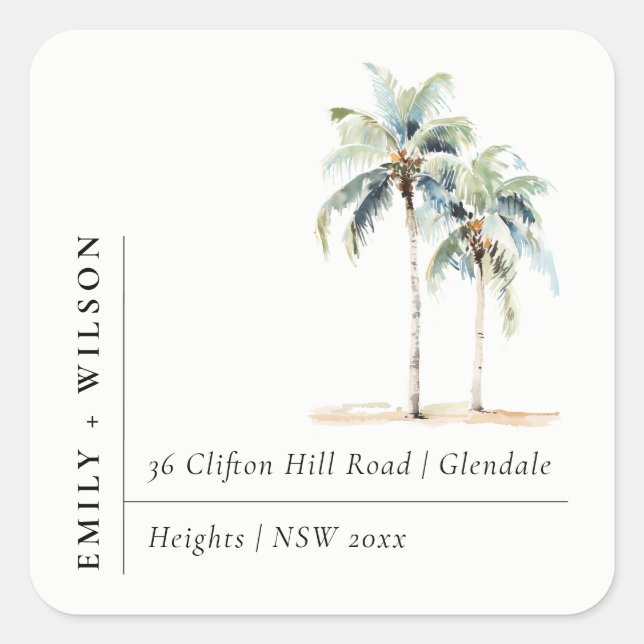 Minimal Palm Trees Watercolor Tropical Address Square Sticker (Front)