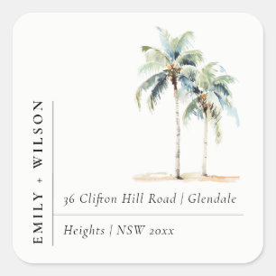Minimal Palm Trees Watercolor Tropical Address Square Sticker