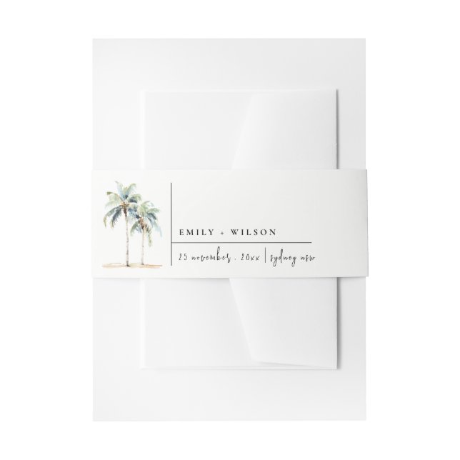 Minimal Palm Trees Watercolor Tropical Wedding Invitation Belly Band (Front Example)