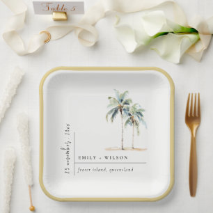 Minimal Palm Trees Watercolor Tropical Wedding Paper Plate