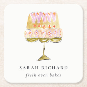 Minimal Pastel Colorful Watercolor Cake Bakery Square Paper Coaster