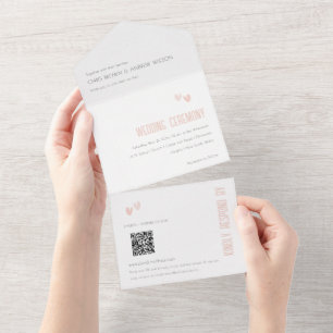 Minimal Pastel Dusky Pink Hearts Wedding QR Code All In One Invitation