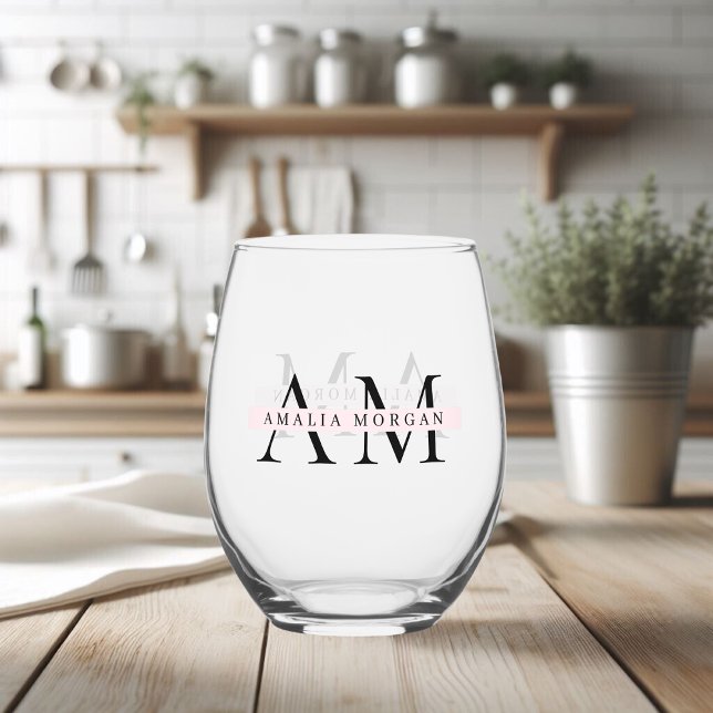 Minimal Pastel Pink Initial & Personalized  Stemless Wine Glass (Creator Uploaded)