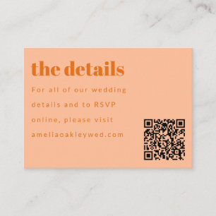 Minimal Peach Orange Retro Custom Wedding QR Code Enclosure Card