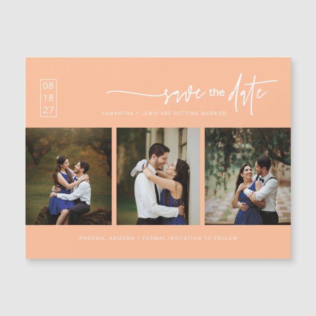 Minimal Peach Photo Save the Date Magnetic Card (Front)