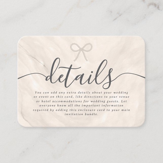 Minimal Pearl Bow Champagne Wedding Details Enclosure Card (Front)