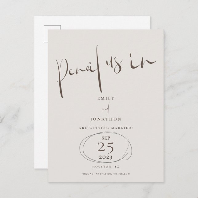 Minimal Pencil Us In Brown Cream Save The Date Announcement Postcard (Front/Back)