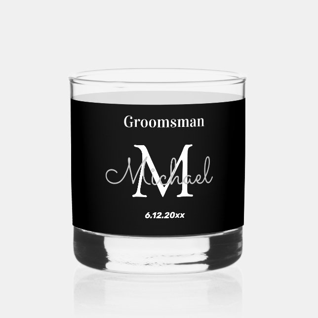 minimal personalized groomsmen black white   whiskey glass (Front)