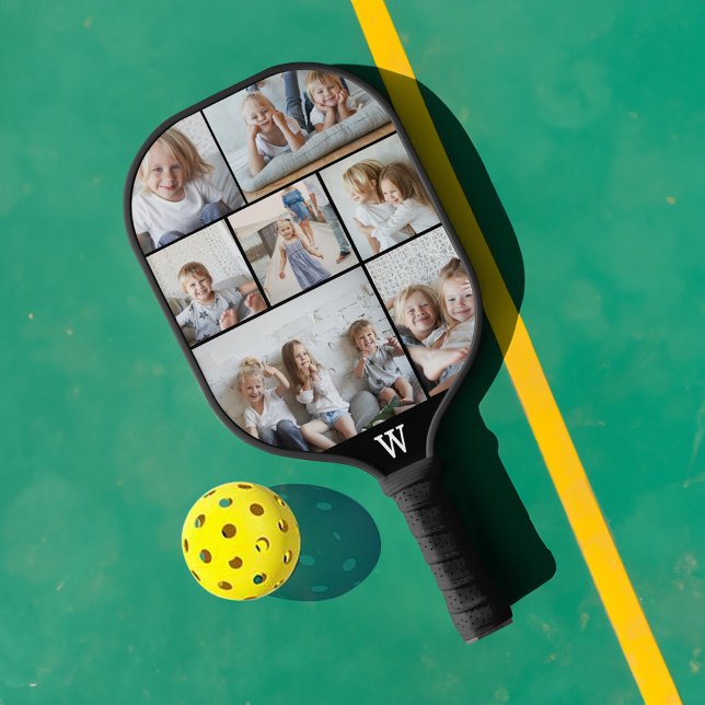 Minimal Personalized Monogram 7 Photo Collage Pickleball Paddle (Minimal Personalized Monogram 7 Photo Collage Pickleball Paddle)