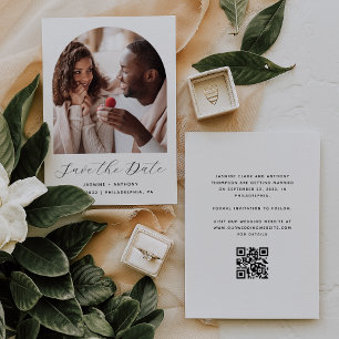 Minimal Photo Arch Script QR Code Black and White Save The Date