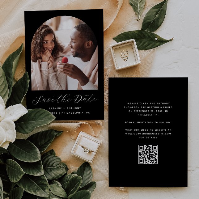 Minimal Photo Arch Script QR Code Black Save The Date (Creator Uploaded)