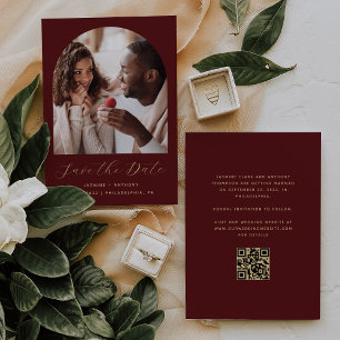 Minimal Photo Arch Script QR Code Burgundy Gold Save The Date