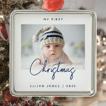 Minimal Photo Baby's First Christmas Navy Blue Metal Ornament<br><div class="desc">Celebrate baby's first Christmas with this modern minimalist photo keepsake ornament. The navy blue text reads "My first Christmas, " with the word "Christmas" in trendy handwriting script. Easily replace the sample image with your favourite photo, and add baby's name and the year below. A white gradient screen helps make...</div>
