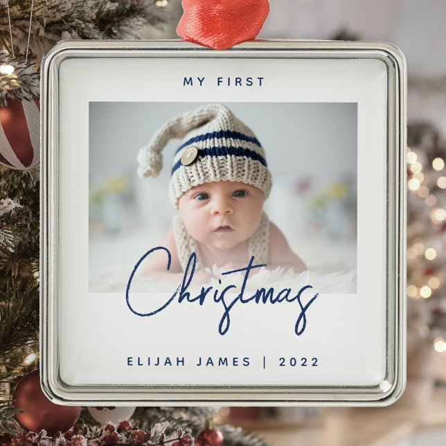 Minimal Photo Baby's First Christmas Navy Blue Metal Ornament (Creator Uploaded)