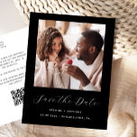 Minimal Photo Black QR Code Save the Date Announcement Postcard<br><div class="desc">This simple, minimalist Save the Date postcard features a square photo above the words "Save the Date" in elegant white handwriting script, followed by the couple's names, wedding date and city in sans serif font on a black background. Add a more detailed message with additional information on the reverse, along...</div>